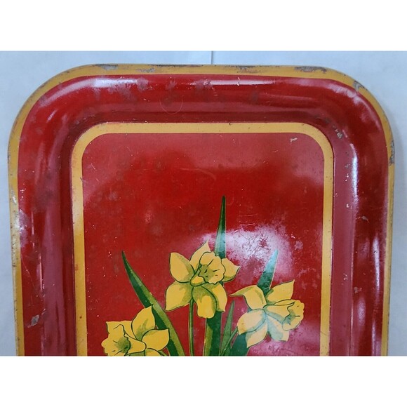 Vintage Red Metal Tray Mustard Yellow Daffodils Green Leaves 14" x 9" - Picture 11 of 12
